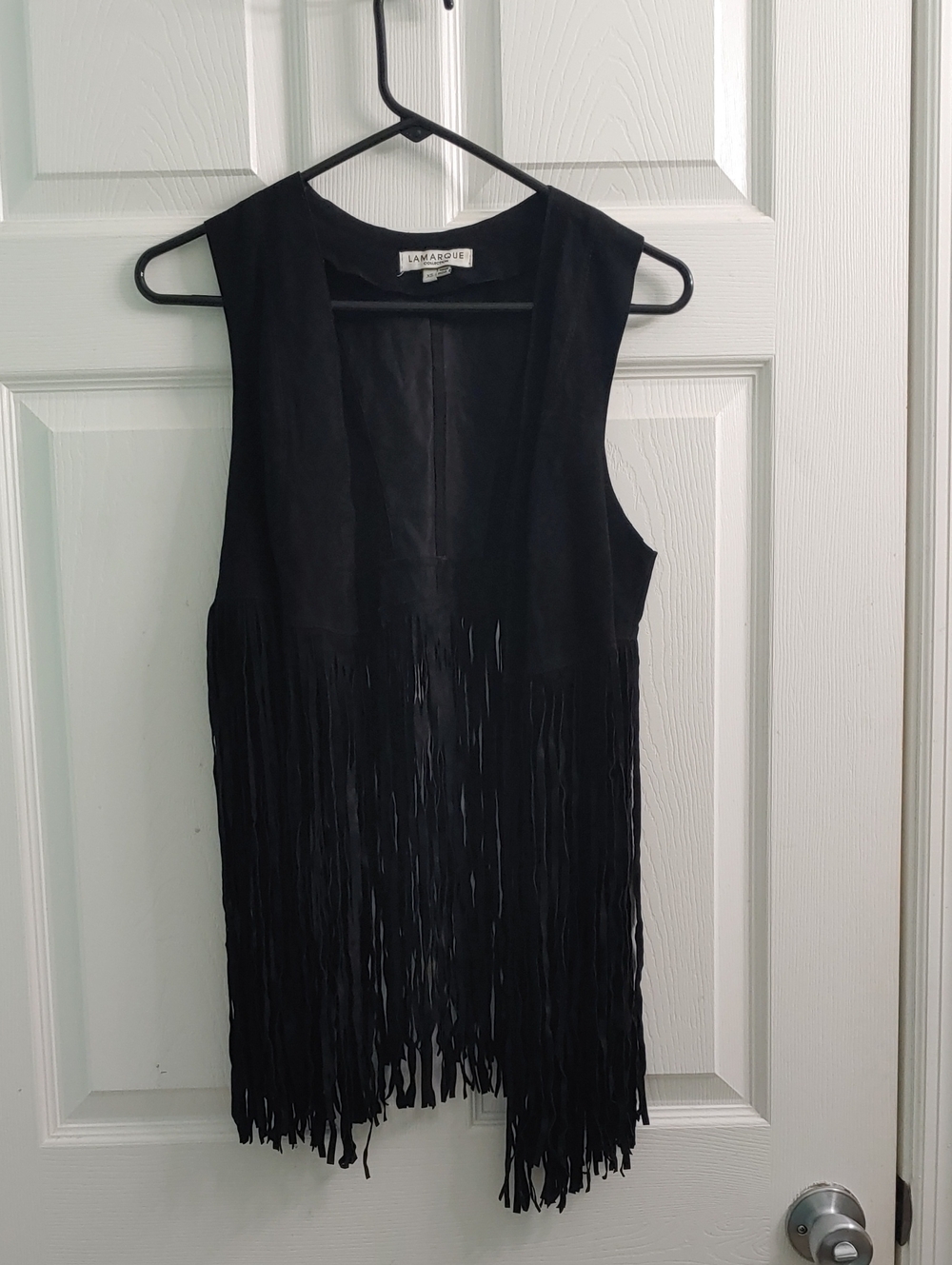 Lamarque Black Leather Fringe Vest Suede Western Festival Women's Size XS